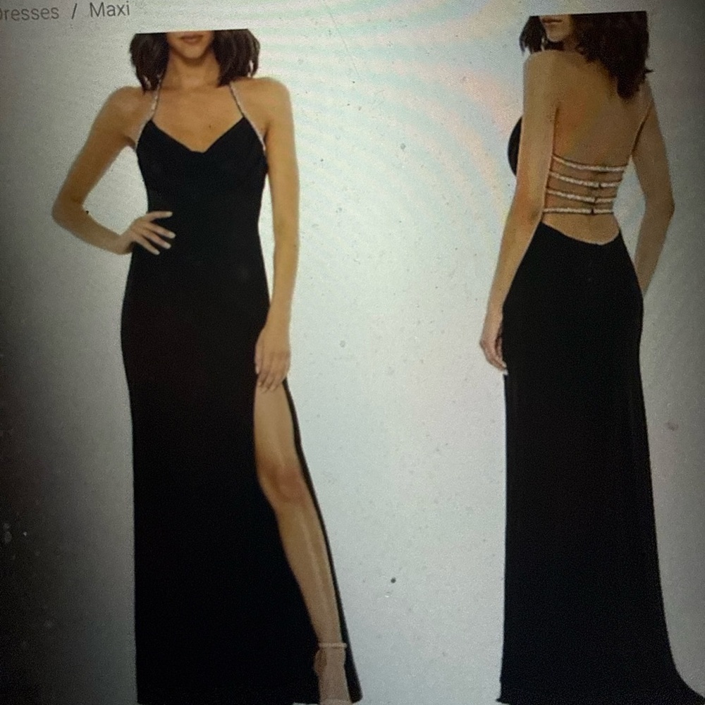 Mac Duggal Black Strappy Back Maxi Dress with Thigh Slit